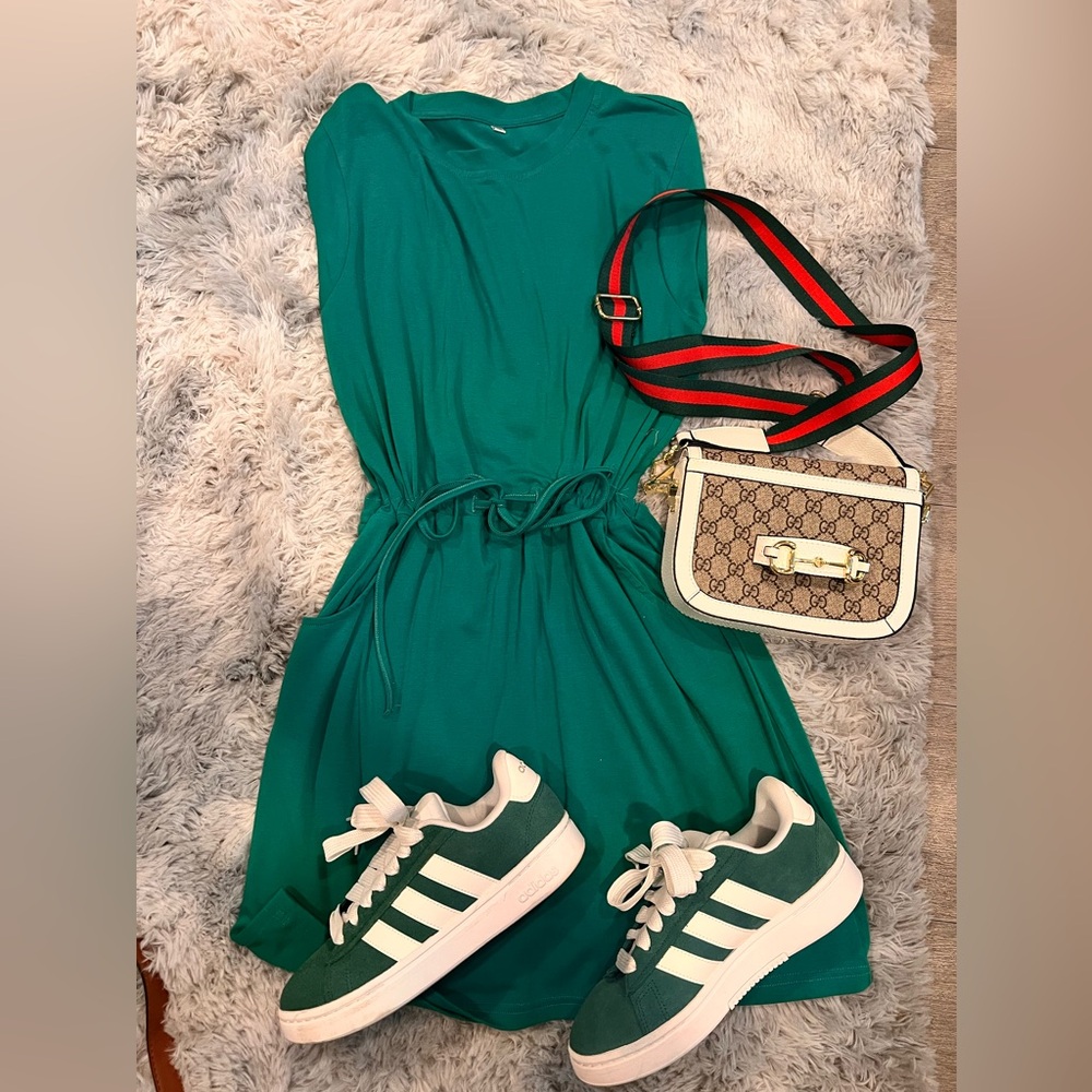 Adidas-inspired athletic dress with cinched waist